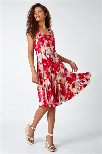 Red Floral Printed Panel Dress
