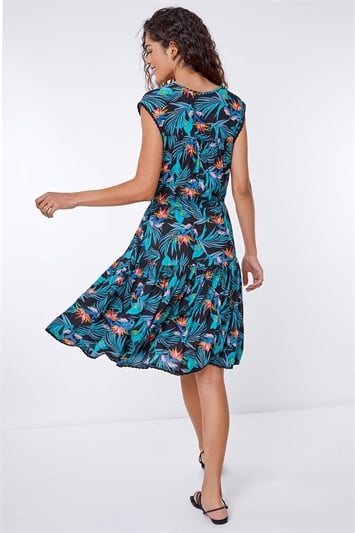 Turquoise Floral Print Tiered Woven Dress, Image 3 of 5