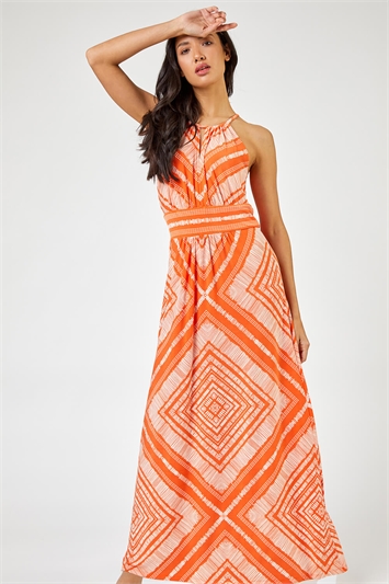 Orange Boho Print Halterneck Maxi Dress, Image 3 of 5