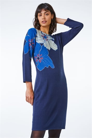 Blue Floral Print Knitted Dress