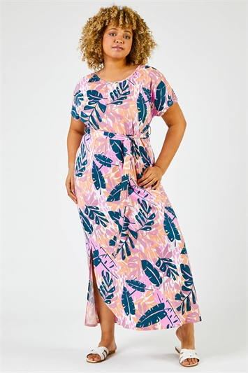 Pink Curve Tropical Leaf Print Maxi Dress, Image 3 of 5
