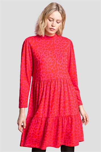 Red Jacquard Animal Print Tiered Dress