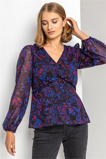 Blue Abstract Butterfly Print Frill Detail Blouse