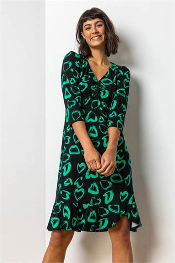 Green Frill Detail Heart Print Dress