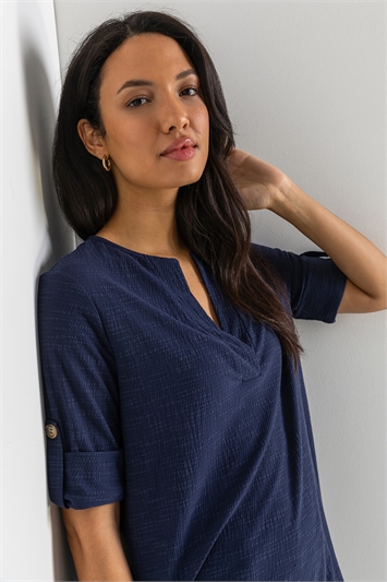 Navy Textured Notch Neck Top, Image 5 of 5