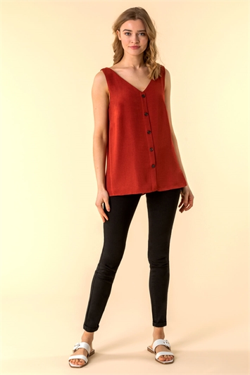 Rust Button Front Sleeveless Top, Image 2 of 4