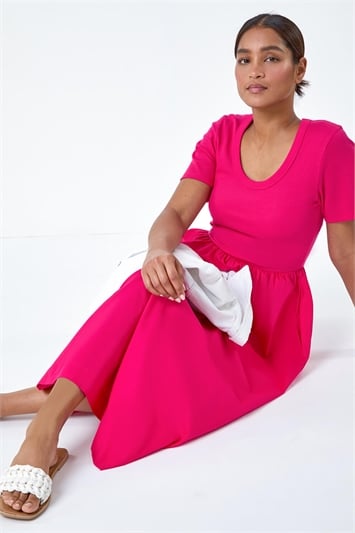 Pink Cotton Stretch Jersey Mix Midi Dress