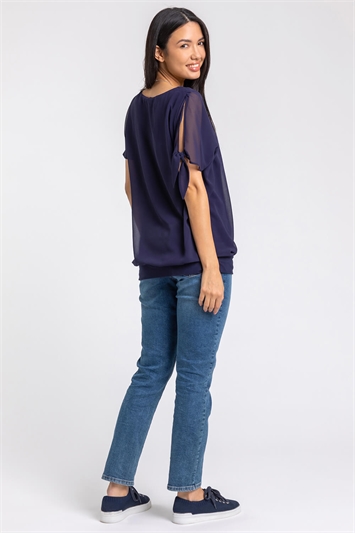 Navy Chiffon Layered Tie Detail Top With Necklace, Image 2 of 5