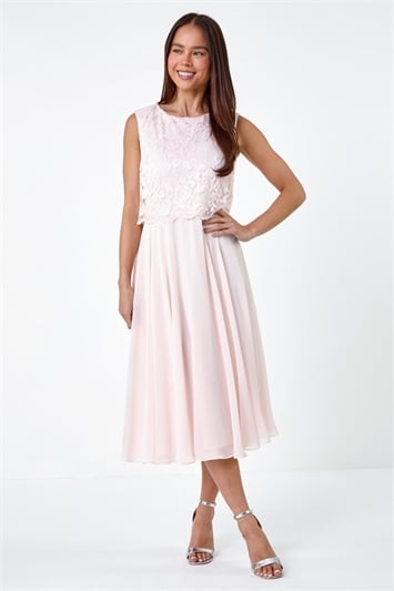 Pink Petite Lace Pleated Midi Dress