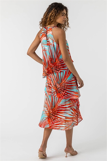 Turquoise Layered Chiffon Tropical Print Dress, Image 2 of 5