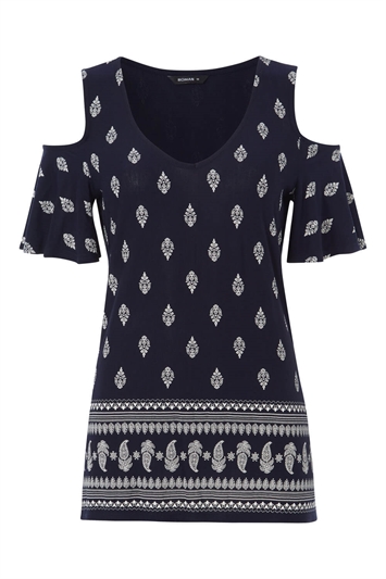 Navy Paisley Print Cold Shoulder Top, Image 4 of 4