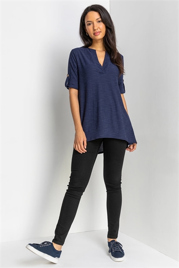 Navy Textured Notch Neck Top, Image 3 of 5