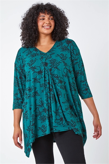 Green Curve Tie Back Floral Tunic Stretch Top