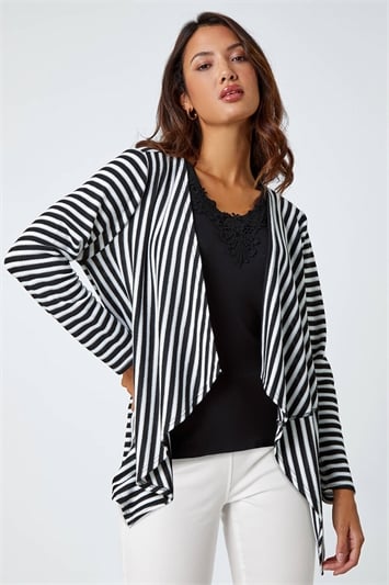 Black Stripe Cardigan & Lace Vest Stretch Top