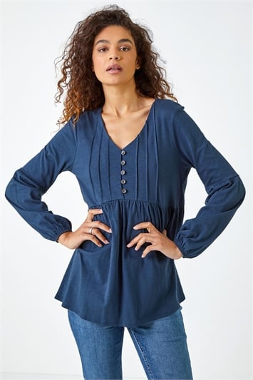 Blue Pleated Smock Tunic Top