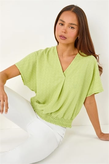 Green Petite Textured Shirred V-Neck Stretch Top