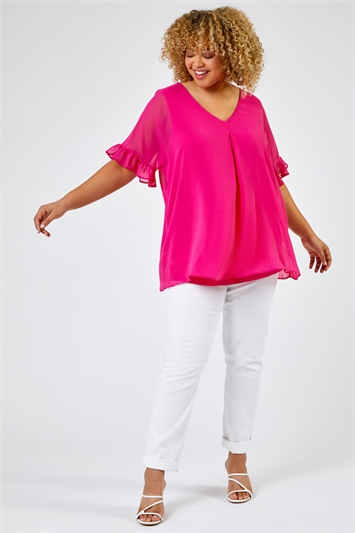 Fuchsia Curve Frill Sleeve Pleat Detail Top, Image 3 of 5