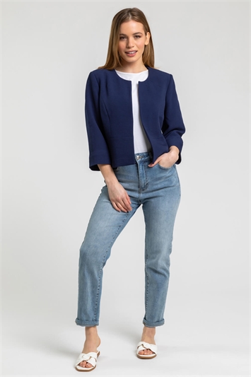 Navy Petite Textured Cropped Jacket, Image 3 of 5