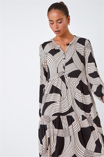 Black Petite Linear Print Tiered Stretch Dress