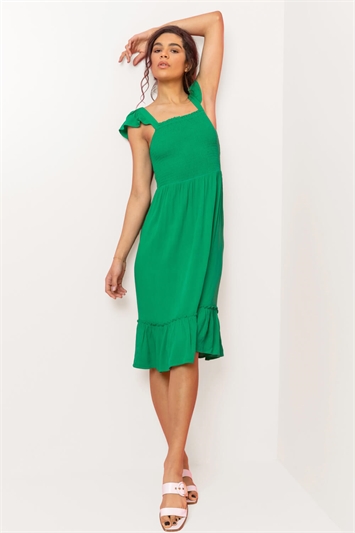 Green Shirred Bodice Frill Detail Midi Dress, Image 3 of 4