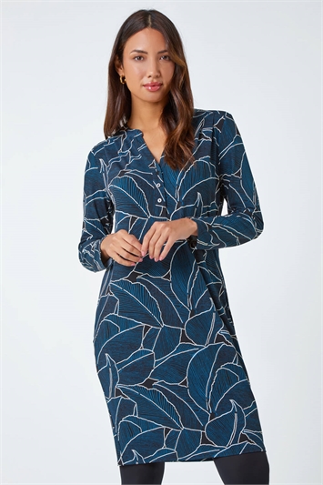 Blue Leaf Print Cocoon Stretch Dress