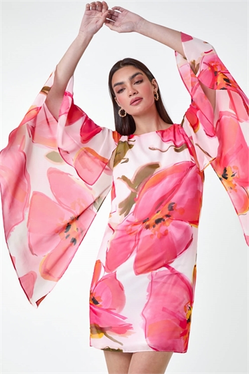 Pink Floral Print Chiffon Cape Dress