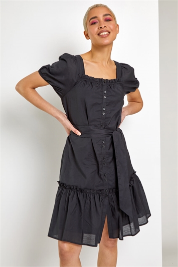 Black Puff Sleeve Tiered Square Neck Dress