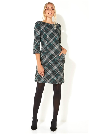 Check Print 3/4 Sleeve Shift Dress