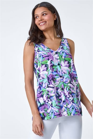 Purple Sleeveless  V-Neck Leaf Print Button Cami Top