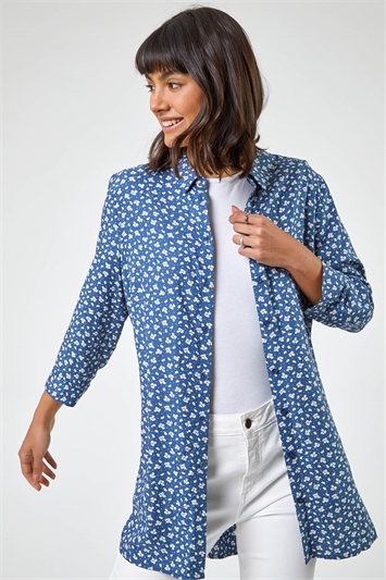 Blue Ditsy Floral Print Belted Blouse, Image 1 of 6