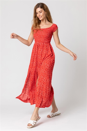 Red Shirred Ditsy Floral Print Bardot Dress, Image 3 of 4