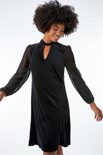 Black Velvet Lace Shoulder Swing Dress