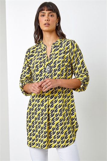 Lime Geo Print Longline Button Detail Top, Image 2 of 5