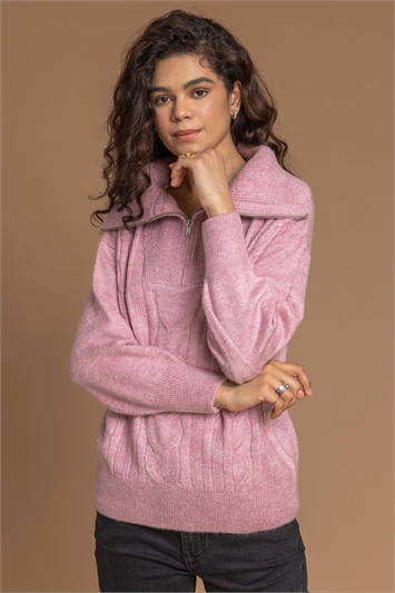 Pink Cable Knit Zip Collar Jumper