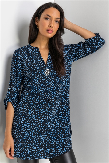 Blue Longline Button Detail Abstract Spot Top, Image 4 of 5