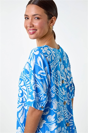 Blue Abstract Leaf Print Button Back Top