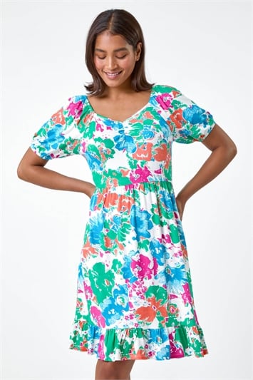 Blue Abstract Floral Ruched Frill Stretch Dress
