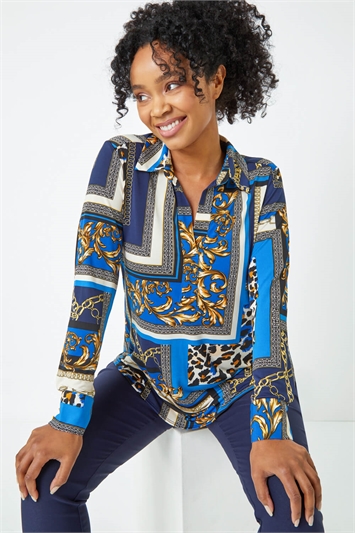 Blue Petite Abstract Animal Print Blouse