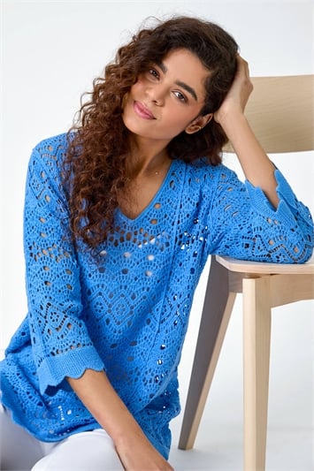 Blue Cotton Crochet Tunic Top