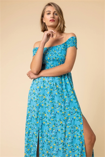 Blue Shirred Ditsy Floral Print Bardot Dress, Image 1 of 4