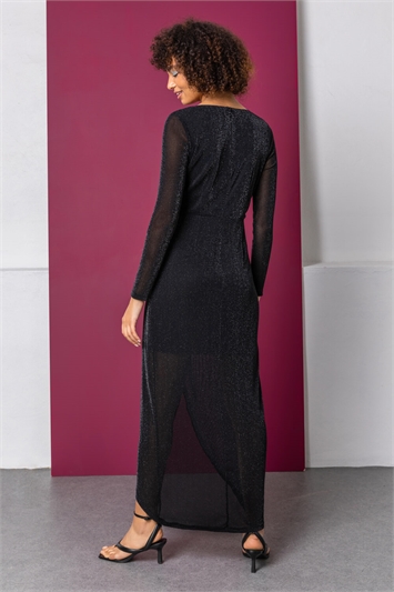 Black Shimmer Wrap Fitted Maxi Dress, Image 2 of 5