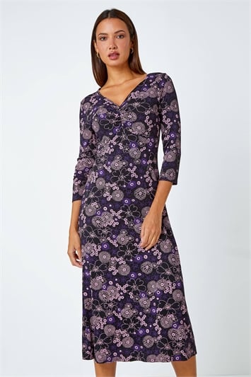 Purple Floral Print Ruched Midi Stretch Dress