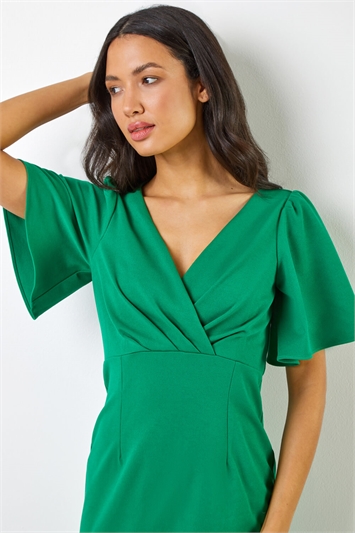 Green Gathered Wrap Front Midi Dress, Image 4 of 5