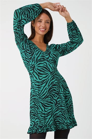 Green Animal Print Frill Hem Stretch Dress