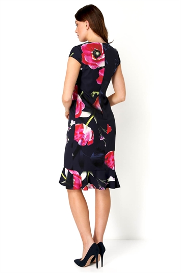 Navy Floral Frill Premium Stretch Dress, Image 3 of 4