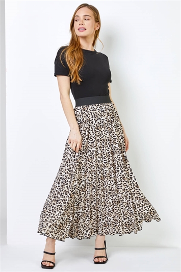 Beige Petite Animal Print Pleated Maxi Skirt, Image 3 of 4