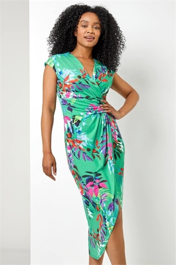Green Petite Tropical Print Wrap Dress