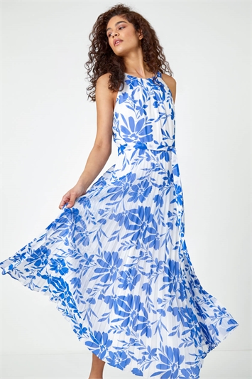 Blue Floral Chiffon Halter Neck Maxi Dress