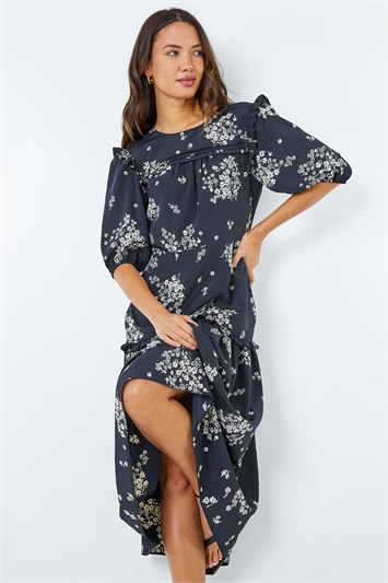Black Floral Frill Detail Tiered Maxi Dress , Image 3 of 6