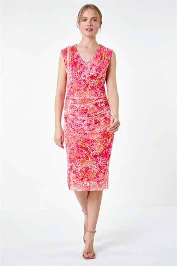 Orange Abstract Spot Ruched Mesh Stretch Dress